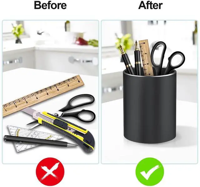 Alt view image 5 of 7 - Pen Holder Pencil Holder for Desk, Metal desk pen holder, Makeup Brush Holder, pencil cup, pen organizer for desk, for Office, School, Home, and Kids 3.9×3.14inch (Black)