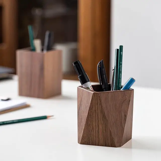 Alt view image 2 of 7 - Black Walnut Wooden Pencil Box, Multiple-Use Desk Writing Stationary Organizer Wood Pen Holder Cups Office School Supplies Storage (Prismatic Shape)