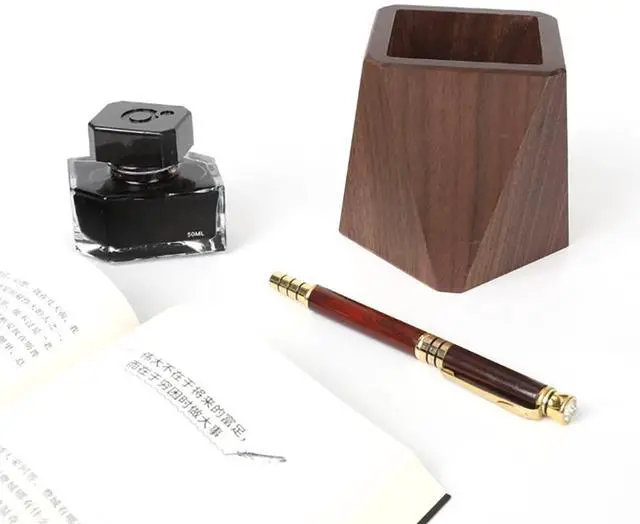 Alt view image 3 of 7 - Black Walnut Wooden Pencil Box, Multiple-Use Desk Writing Stationary Organizer Wood Pen Holder Cups Office School Supplies Storage (Prismatic Shape)