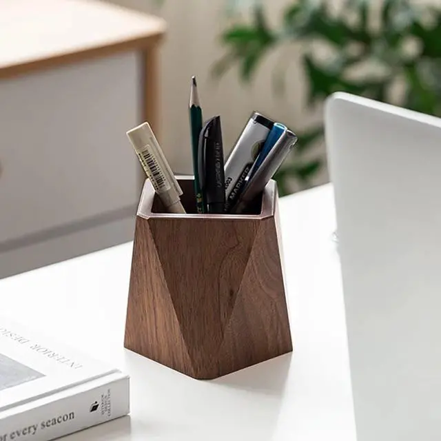 Alt view image 4 of 7 - Black Walnut Wooden Pencil Box, Multiple-Use Desk Writing Stationary Organizer Wood Pen Holder Cups Office School Supplies Storage (Prismatic Shape)