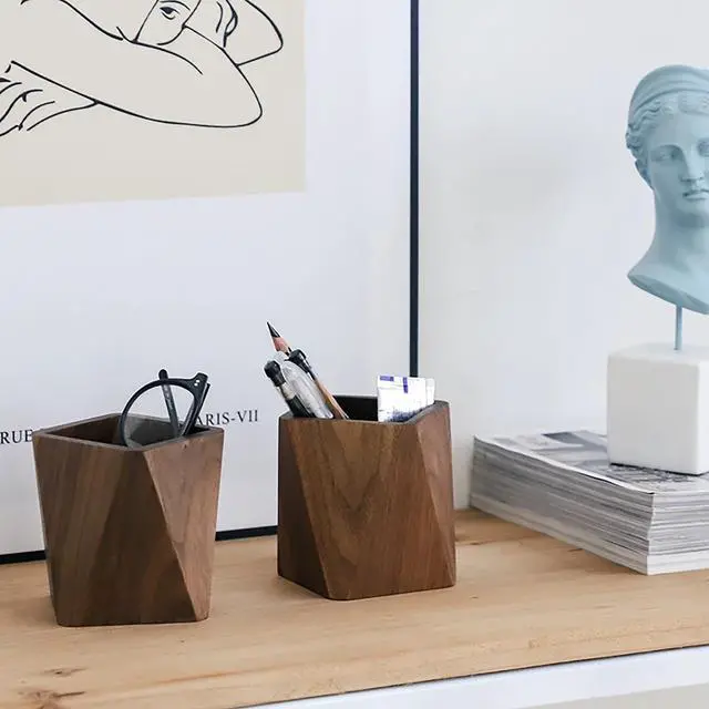 Alt view image 5 of 7 - Black Walnut Wooden Pencil Box, Multiple-Use Desk Writing Stationary Organizer Wood Pen Holder Cups Office School Supplies Storage (Prismatic Shape)