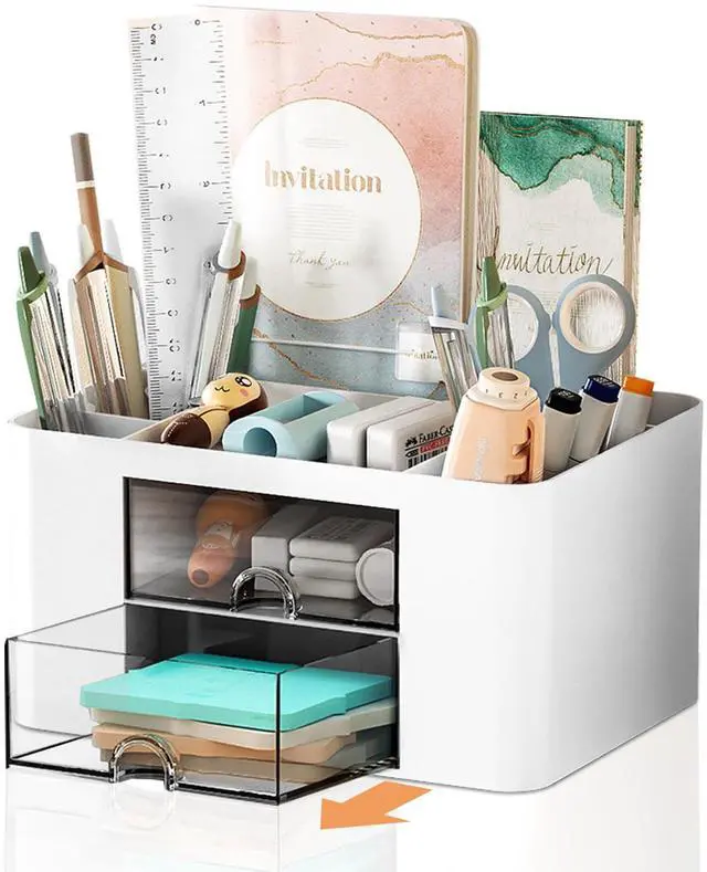 Main image of Pencil Pen Holder for Desk,2 Drawer Desk Organizers,5 Compartments Desktop Storage Stationery Supplies Organizer, Cute Pencil Cup Pot For Office, School, Home(White)