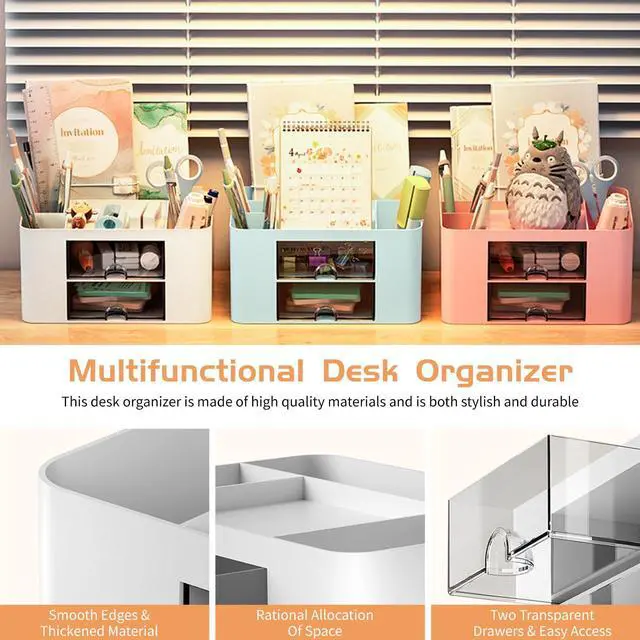 Alt view image 3 of 7 - Pencil Pen Holder for Desk,2 Drawer Desk Organizers,5 Compartments Desktop Storage Stationery Supplies Organizer, Cute Pencil Cup Pot For Office, School, Home(White)