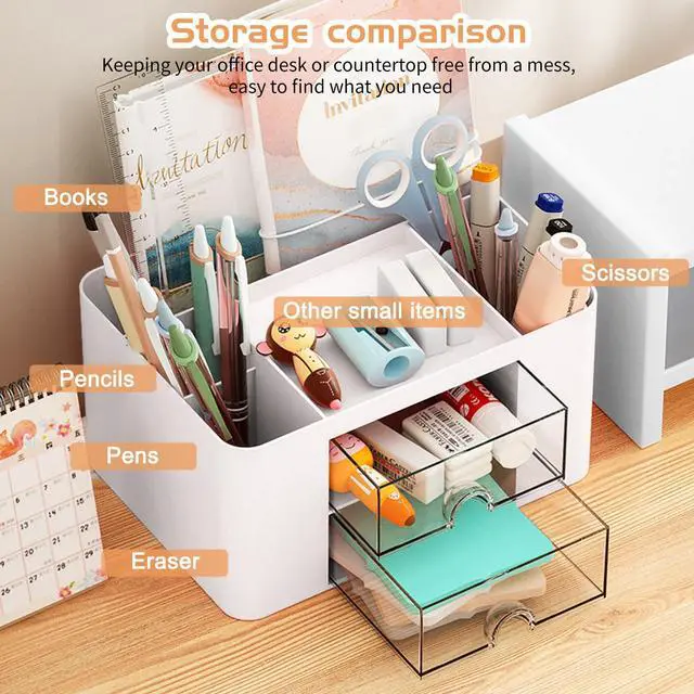 Alt view image 2 of 7 - Pencil Pen Holder for Desk,2 Drawer Desk Organizers,5 Compartments Desktop Storage Stationery Supplies Organizer, Cute Pencil Cup Pot For Office, School, Home(White)