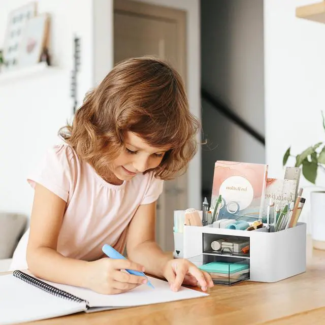 Alt view image 7 of 7 - Pencil Pen Holder for Desk,2 Drawer Desk Organizers,5 Compartments Desktop Storage Stationery Supplies Organizer, Cute Pencil Cup Pot For Office, School, Home(White)