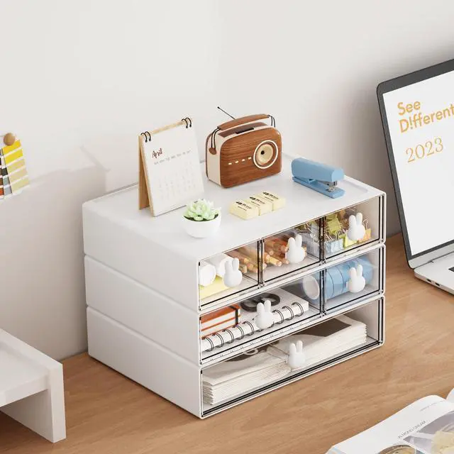 Alt view image 3 of 7 - Desk Organizer with 6 Drawers, 3 Tier Stackable Storage Drawers Plastic Makeup Storage, Office Organizers and Storage, Desk Storage Box for Office, School, Home