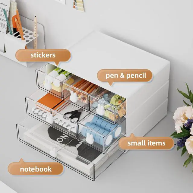 Alt view image 4 of 7 - Desk Organizer with 6 Drawers, 3 Tier Stackable Storage Drawers Plastic Makeup Storage, Office Organizers and Storage, Desk Storage Box for Office, School, Home