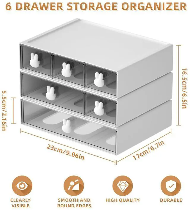 Alt view image 6 of 7 - Desk Organizer with 6 Drawers, 3 Tier Stackable Storage Drawers Plastic Makeup Storage, Office Organizers and Storage, Desk Storage Box for Office, School, Home