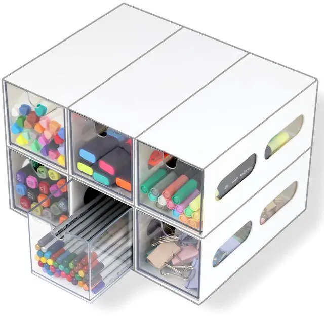 Main image of Drawer Organizer Desktop Office Supplies Desk Organizer and Storage Stationary Make Up Jewelry Pen Storage Drawer, Clear Accessories Makeup Organizer Countertop Storage (White, 6 Pack)