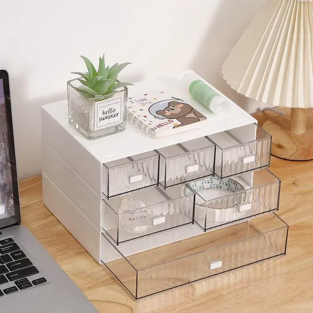 Main image of Desk Organizer Stackable Storage with 6 Drawers Stackable Drawers for Desk Storage, Makeup Storage Accessories, Desktop Accessories with Drawers, White