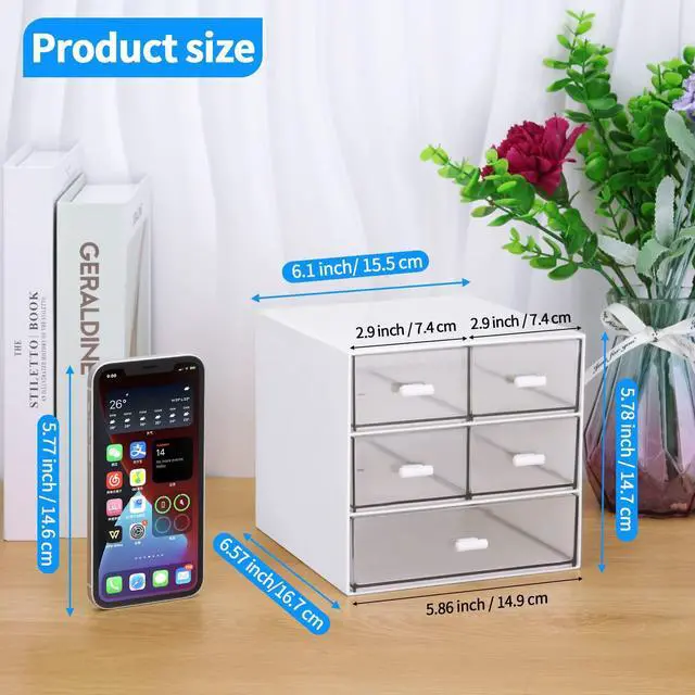 Alt view image 2 of 7 - Desk Organizer with 5 Drawers, Rectangular Office Stationery Supplies Desktop Drawers, Plastic Makeup Storage, Suitable for Office, School, Home (White & 5 Drawers)