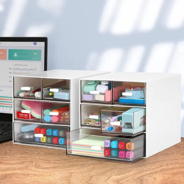 Alt view image 3 of 7 - Desk Organizer with 5 Drawers, Rectangular Office Stationery Supplies Desktop Drawers, Plastic Makeup Storage, Suitable for Office, School, Home (White & 5 Drawers)