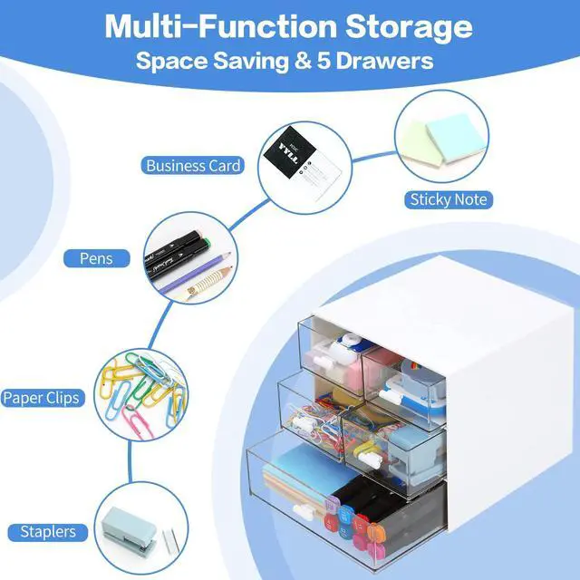 Alt view image 6 of 7 - Desk Organizer with 5 Drawers, Rectangular Office Stationery Supplies Desktop Drawers, Plastic Makeup Storage, Suitable for Office, School, Home (White & 5 Drawers)