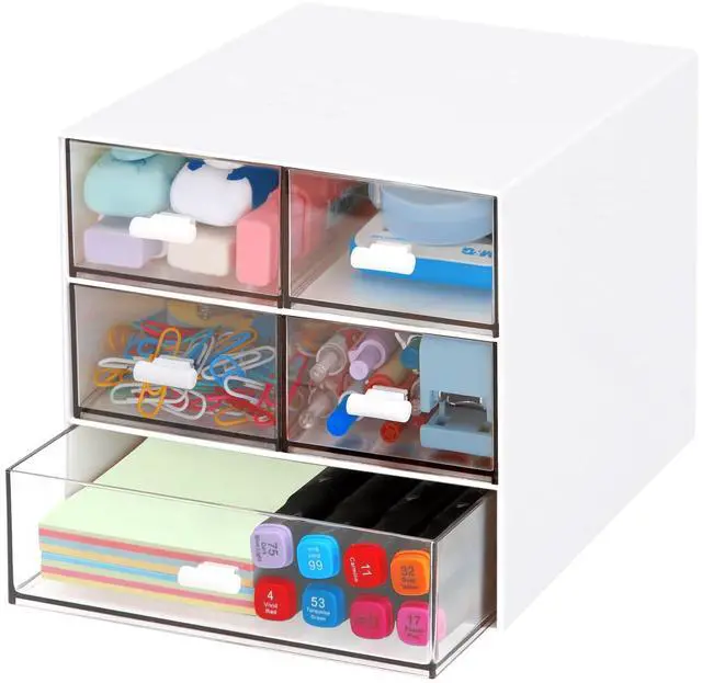 Main image of Desk Organizer with 5 Drawers, Rectangular Office Stationery Supplies Desktop Drawers, Plastic Makeup Storage, Suitable for Office, School, Home (White & 5 Drawers)