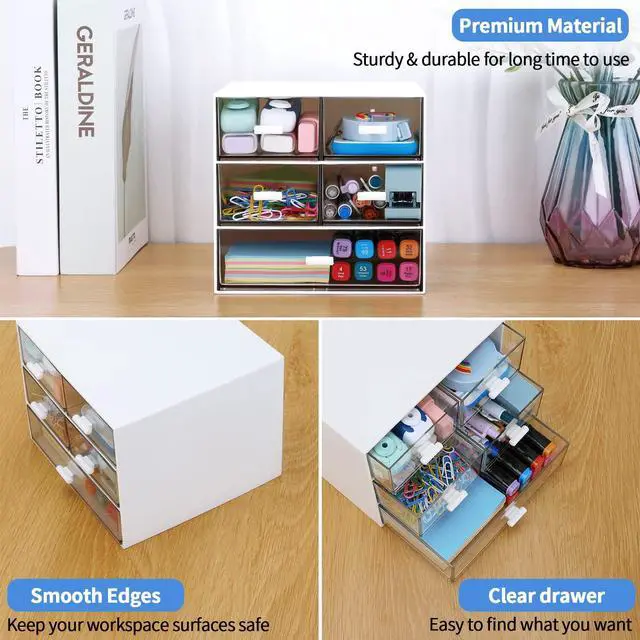 Alt view image 7 of 7 - Desk Organizer with 5 Drawers, Rectangular Office Stationery Supplies Desktop Drawers, Plastic Makeup Storage, Suitable for Office, School, Home (White & 5 Drawers)