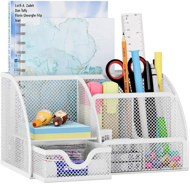 Main image of Mesh Desk Organizer with Drawer Multi-functional Pen Holder Stationery Organizer for Office School Supplies 6 Compartments Dorm Organizers and Storage for Desk, White
