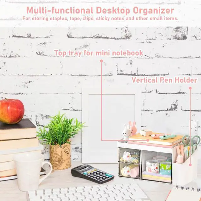 Alt view image 4 of 7 - Desk Organizer with 3 Drawers and Pencil Pen holder, Multi-Functional Desktop Makeup Stationery Accessories Organizer, Desk Organization Storage Box Caddy for Office School Home Vanity Table