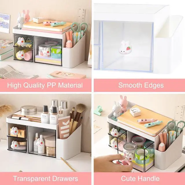 Alt view image 5 of 7 - Desk Organizer with 3 Drawers and Pencil Pen holder, Multi-Functional Desktop Makeup Stationery Accessories Organizer, Desk Organization Storage Box Caddy for Office School Home Vanity Table