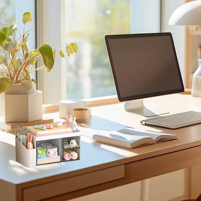 Alt view image 6 of 7 - Desk Organizer with 3 Drawers and Pencil Pen holder, Multi-Functional Desktop Makeup Stationery Accessories Organizer, Desk Organization Storage Box Caddy for Office School Home Vanity Table