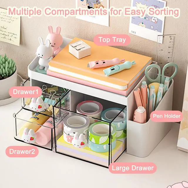 Alt view image 3 of 7 - Desk Organizer with 3 Drawers and Pencil Pen holder, Multi-Functional Desktop Makeup Stationery Accessories Organizer, Desk Organization Storage Box Caddy for Office School Home Vanity Table