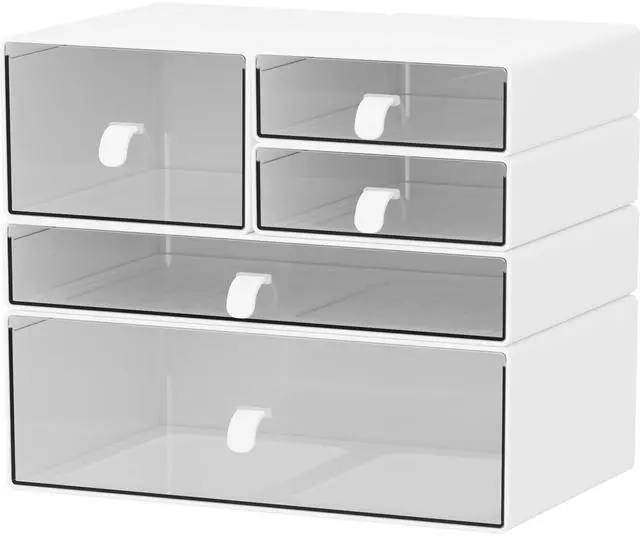 Main image of Desk Organizer Set, White & Clear Stackable Dustproof Storage Boxes for Desktop, Office, Bathroom, DIY Craft & Vertical Space Saving, Perfect for Makeup, Stationery Organization (5 Drawer)