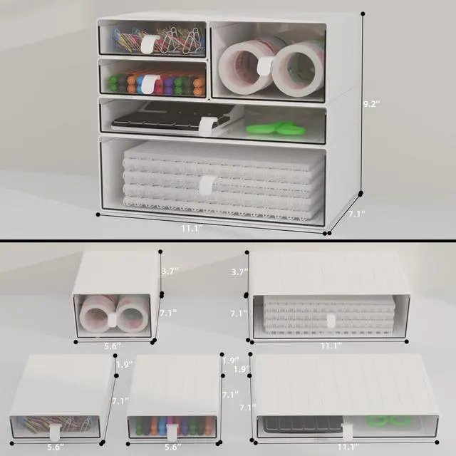 Alt view image 3 of 6 - Desk Organizer Set, White & Clear Stackable Dustproof Storage Boxes for Desktop, Office, Bathroom, DIY Craft & Vertical Space Saving, Perfect for Makeup, Stationery Organization (5 Drawer)