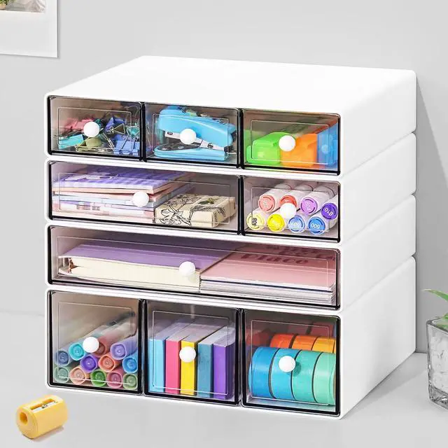 Main image of Desk Organizer with 9 Drawers, 4 Tier Plastic Stackable Storage Drawers for Desk Storage, Office Stationary Makeup Organizer Suit for Home, Office and School