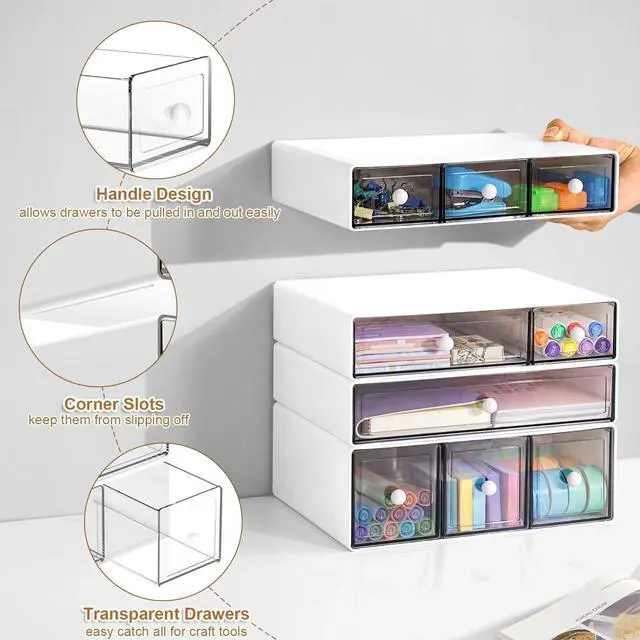 Alt view image 3 of 6 - Desk Organizer with 9 Drawers, 4 Tier Plastic Stackable Storage Drawers for Desk Storage, Office Stationary Makeup Organizer Suit for Home, Office and School