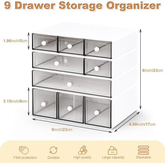 Alt view image 2 of 6 - Desk Organizer with 9 Drawers, 4 Tier Plastic Stackable Storage Drawers for Desk Storage, Office Stationary Makeup Organizer Suit for Home, Office and School