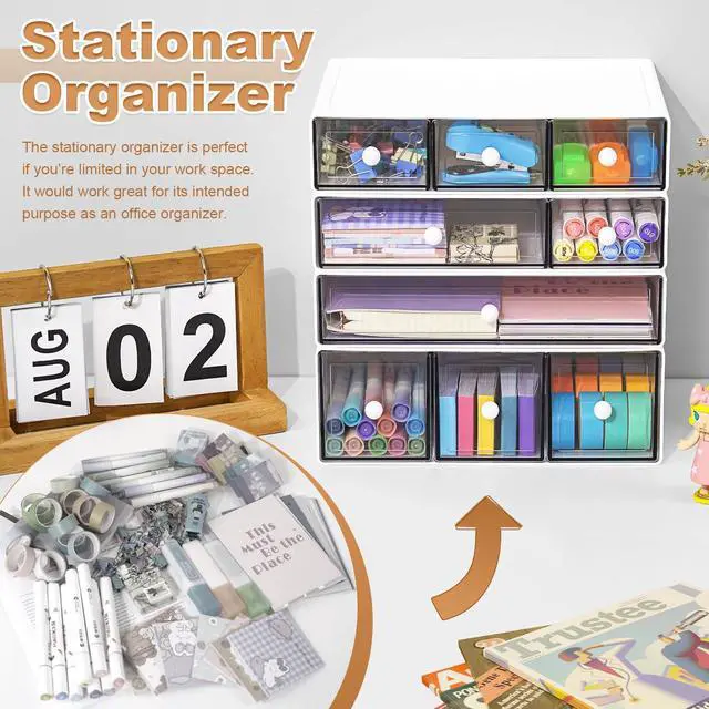 Alt view image 5 of 6 - Desk Organizer with 9 Drawers, 4 Tier Plastic Stackable Storage Drawers for Desk Storage, Office Stationary Makeup Organizer Suit for Home, Office and School