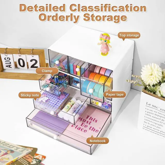 Alt view image 4 of 6 - Desk Organizer with 9 Drawers, 4 Tier Plastic Stackable Storage Drawers for Desk Storage, Office Stationary Makeup Organizer Suit for Home, Office and School