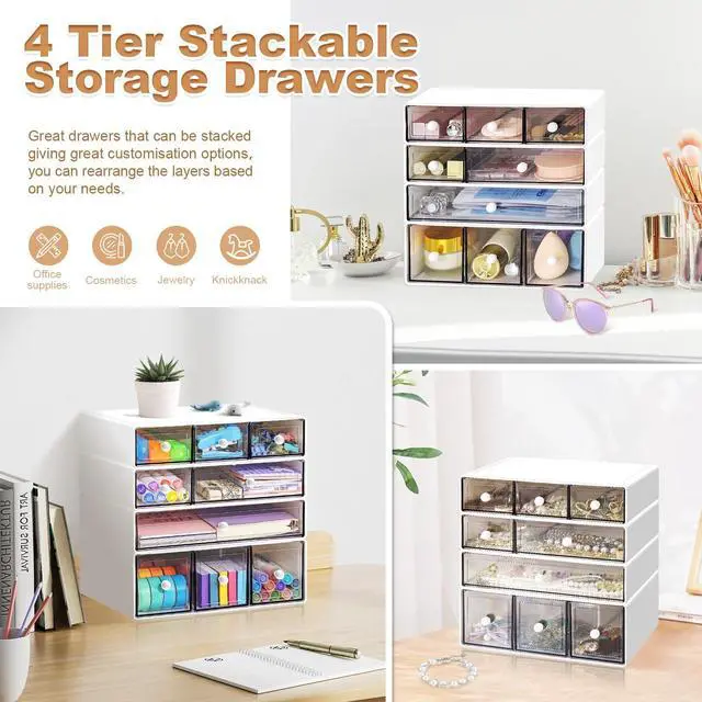 Alt view image 6 of 6 - Desk Organizer with 9 Drawers, 4 Tier Plastic Stackable Storage Drawers for Desk Storage, Office Stationary Makeup Organizer Suit for Home, Office and School