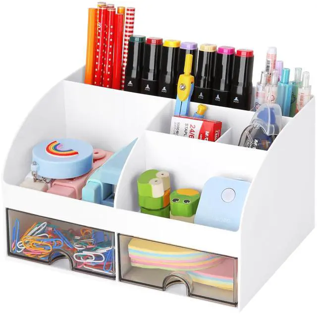 Main image of Office Desk Organizer with Drawers for Desktop/Tabletop/Counter, Desk Top Accessories Stationary Organizer Desk Caddy, Pen/Pencil/Business Card/Sticky Note Tray/Paperclip Holder Storage Box (White)