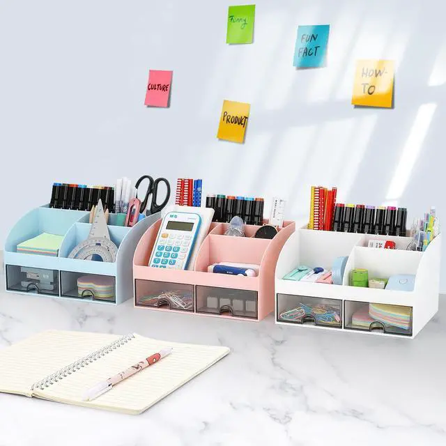 Alt view image 2 of 7 - Office Desk Organizer with Drawers for Desktop/Tabletop/Counter, Desk Top Accessories Stationary Organizer Desk Caddy, Pen/Pencil/Business Card/Sticky Note Tray/Paperclip Holder Storage Box (White)