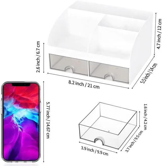 Alt view image 3 of 7 - Office Desk Organizer with Drawers for Desktop/Tabletop/Counter, Desk Top Accessories Stationary Organizer Desk Caddy, Pen/Pencil/Business Card/Sticky Note Tray/Paperclip Holder Storage Box (White)