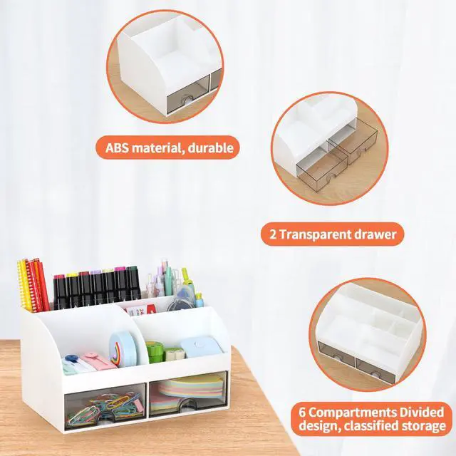 Alt view image 4 of 7 - Office Desk Organizer with Drawers for Desktop/Tabletop/Counter, Desk Top Accessories Stationary Organizer Desk Caddy, Pen/Pencil/Business Card/Sticky Note Tray/Paperclip Holder Storage Box (White)
