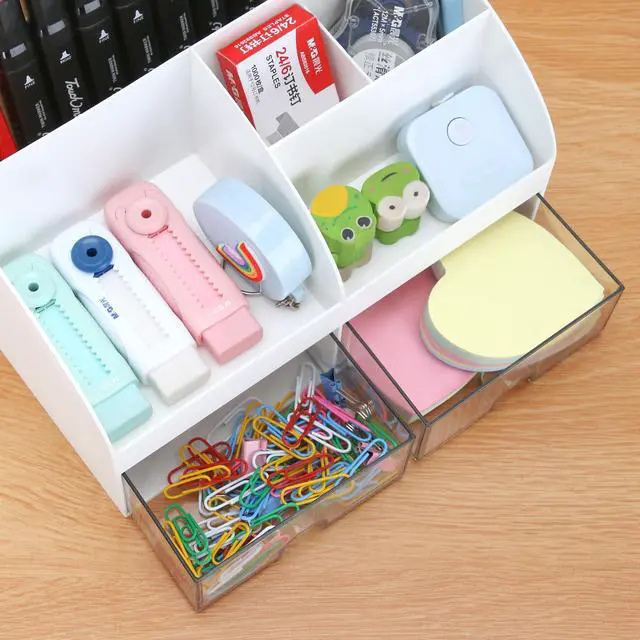 Alt view image 7 of 7 - Office Desk Organizer with Drawers for Desktop/Tabletop/Counter, Desk Top Accessories Stationary Organizer Desk Caddy, Pen/Pencil/Business Card/Sticky Note Tray/Paperclip Holder Storage Box (White)