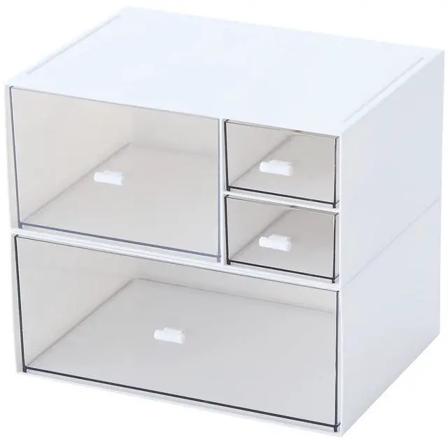 Main image of Desk Organizer with 4 Drawers, Makeup Organizer, Plastic Sundries Storage, Vanity Organizer, Cosmetic Storage Organizer, Desk Storage Box, Bathroom Counter or Dresser, White (CD-QBH-01)
