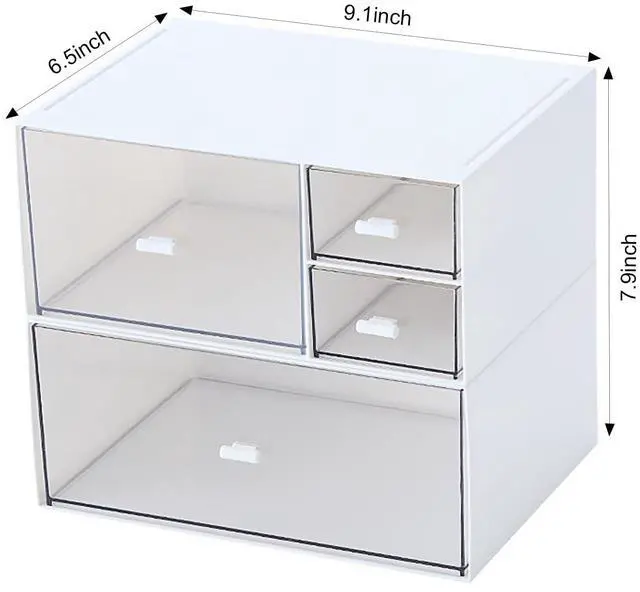 Alt view image 3 of 7 - Desk Organizer with 4 Drawers, Makeup Organizer, Plastic Sundries Storage, Vanity Organizer, Cosmetic Storage Organizer, Desk Storage Box, Bathroom Counter or Dresser, White (CD-QBH-01)