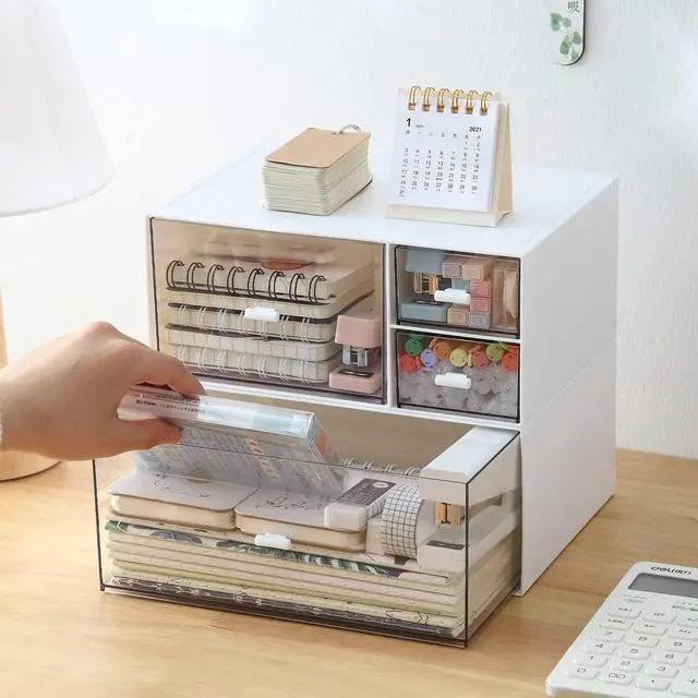 Alt view image 2 of 7 - Desk Organizer with 4 Drawers, Makeup Organizer, Plastic Sundries Storage, Vanity Organizer, Cosmetic Storage Organizer, Desk Storage Box, Bathroom Counter or Dresser, White (CD-QBH-01)