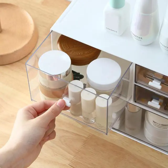 Alt view image 6 of 7 - Desk Organizer with 4 Drawers, Makeup Organizer, Plastic Sundries Storage, Vanity Organizer, Cosmetic Storage Organizer, Desk Storage Box, Bathroom Counter or Dresser, White (CD-QBH-01)