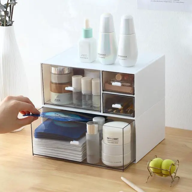 Alt view image 4 of 7 - Desk Organizer with 4 Drawers, Makeup Organizer, Plastic Sundries Storage, Vanity Organizer, Cosmetic Storage Organizer, Desk Storage Box, Bathroom Counter or Dresser, White (CD-QBH-01)