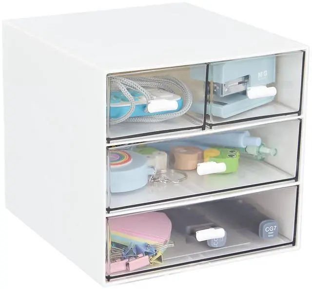 Main image of Desk Organizer with 4 Drawers, Clear Plastic Desk Storage Box, Desktop Organization for Office Supplies, Gel Pens, Pencils, Markers, Tape, Erasers, Paperclips, Chargers (White-4 Draws)