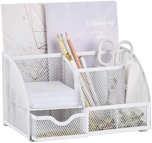 Main image of Mesh Desk Organizer Office with 7 Compartments + Drawer/Desk Tidy Candy/Pen Holder/Multifunctional Organizer (White)