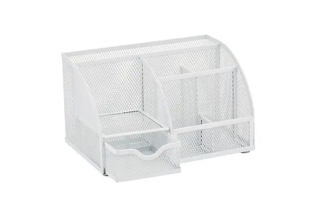 Alt view image 4 of 7 - Mesh Desk Organizer Office with 7 Compartments + Drawer/Desk Tidy Candy/Pen Holder/Multifunctional Organizer (White)
