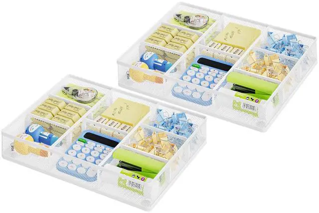 Main image of 2P Desk Drawer Organizer, Metal Mesh Drawer Organizer Tray with 5 Adjustable Compartments,Desk Organizers and Accessories for Home,Office,Kitchen,Makeup,Vanity (White)