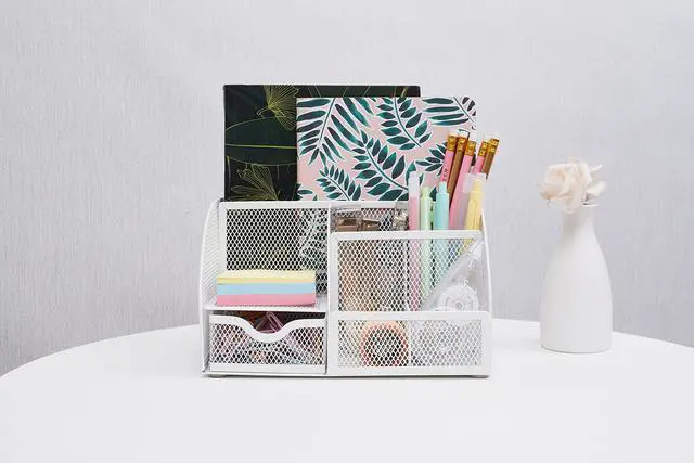 Alt view image 6 of 7 - Mesh Desk Organizer Office with 7 Compartments + Drawer/Desk Tidy Candy/Pen Holder/Multifunctional Organizer (White)