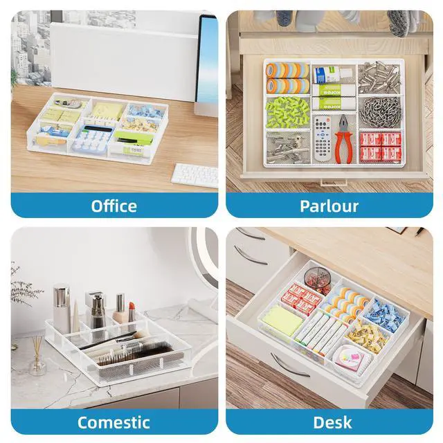 Alt view image 3 of 6 - 2P Desk Drawer Organizer, Metal Mesh Drawer Organizer Tray with 5 Adjustable Compartments,Desk Organizers and Accessories for Home,Office,Kitchen,Makeup,Vanity (White)