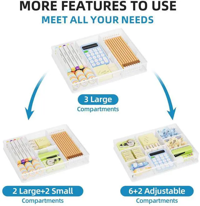 Alt view image 4 of 6 - 2P Desk Drawer Organizer, Metal Mesh Drawer Organizer Tray with 5 Adjustable Compartments,Desk Organizers and Accessories for Home,Office,Kitchen,Makeup,Vanity (White)