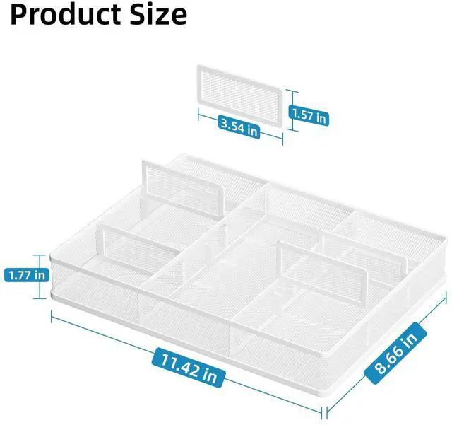 Alt view image 2 of 6 - 2P Desk Drawer Organizer, Metal Mesh Drawer Organizer Tray with 5 Adjustable Compartments,Desk Organizers and Accessories for Home,Office,Kitchen,Makeup,Vanity (White)